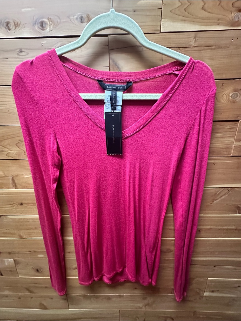 BCBGMaxAzria V-Neck Long Sleeve Top in Dark Pink